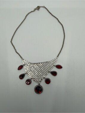 Silver-Tone mesh Bib Necklace with Red Glass Stones